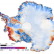 This shows the amount of ice gained or lost by Antarctica between 2003 and 2019. Dark reds and purples show large average rates of ice loss near the coasts, while blues show smaller rates of ice gain in the interior.